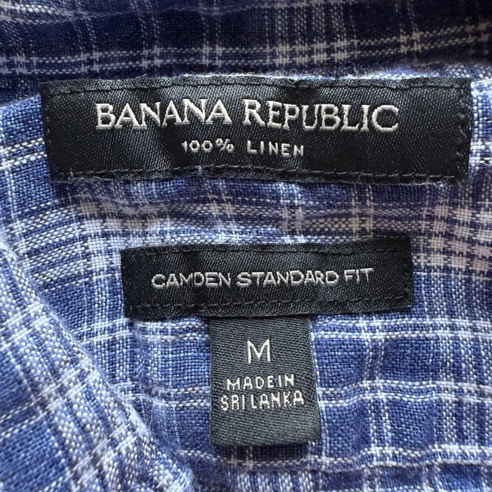 Banana Republic Mens Medium Blue Plaid 100% Linen Camden Standard Fit Shirt SS